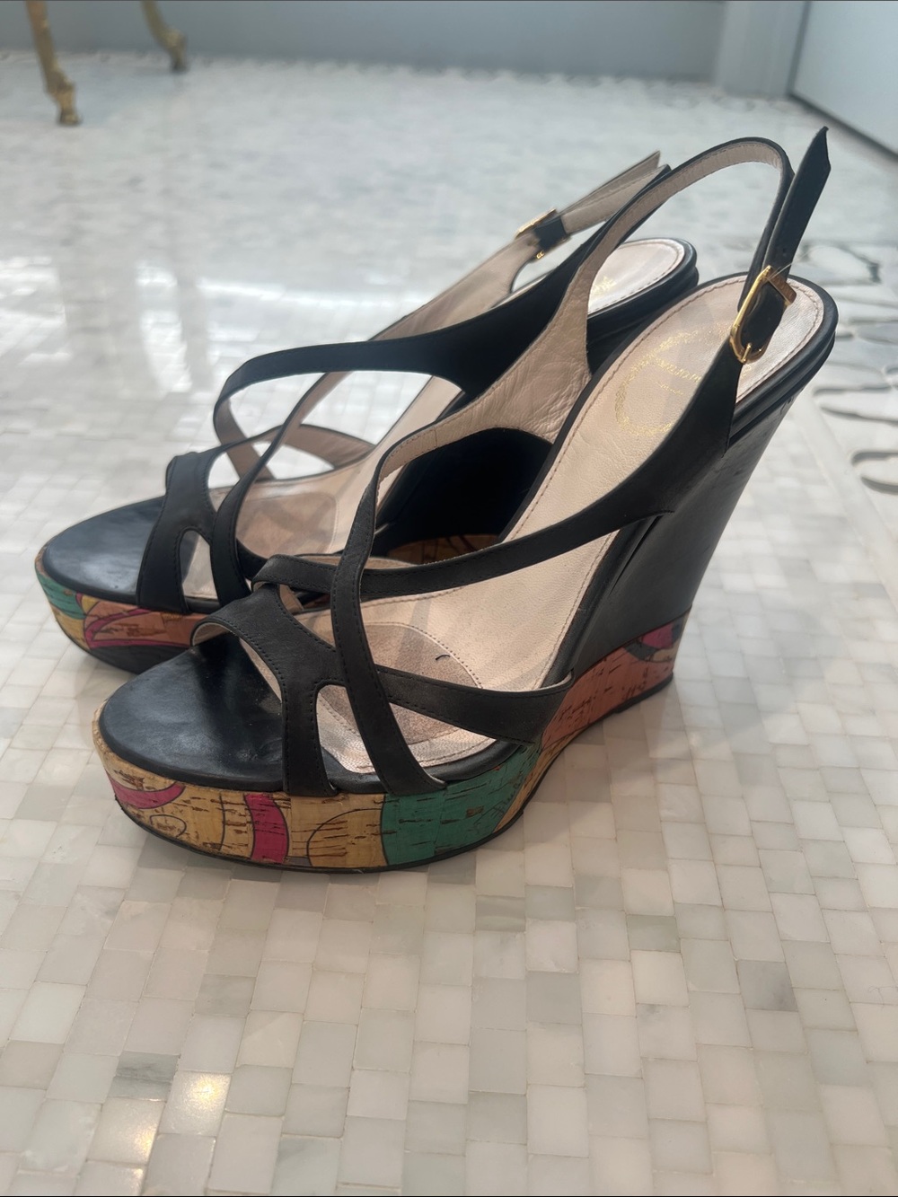 Emilio Pucci Black Leather Strappy Wedge Sandals with Multicolor Platform